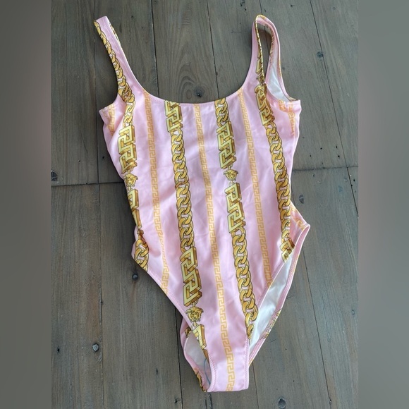 Versace chain pinstripe one-piece swimsuit pink gold NWT - Picture 5 of 8